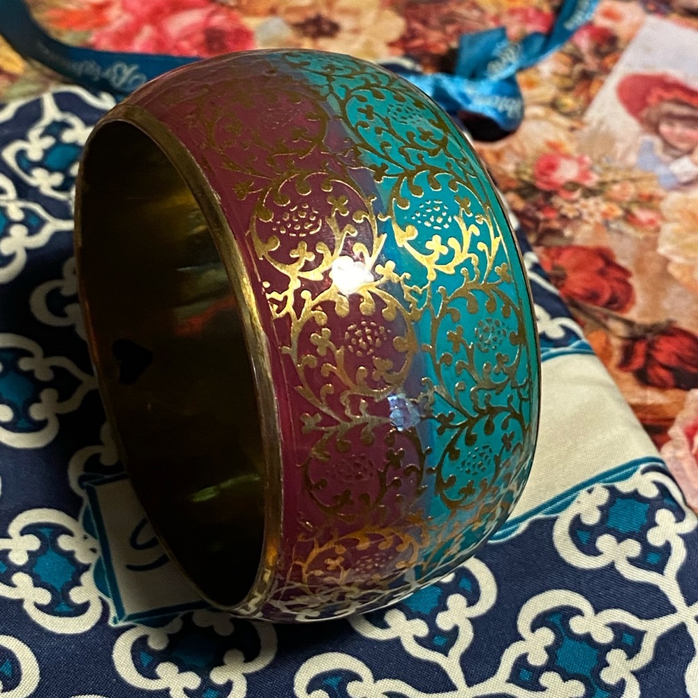 Vintage brass  bangle bracelet with dust bag,Brighton,purple,teal,gold laminate